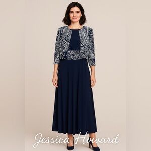 👗 Jessica Howard Navy Blue Paisley Print 2-Piece Midi Dress Set – Size 12